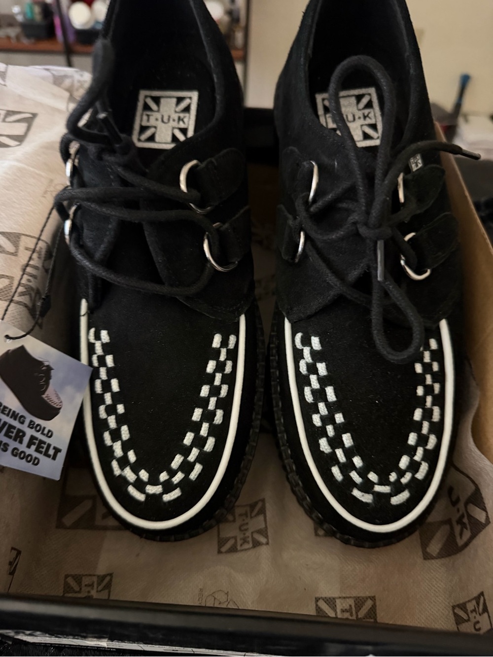 T.U.K Black Suede Creeper Shoes with White Stitching and Piping